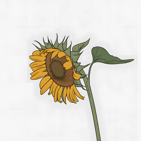 Stylized illustration of a sunflower with yellow petals and a green stem on white. Clear details ...の写真素材