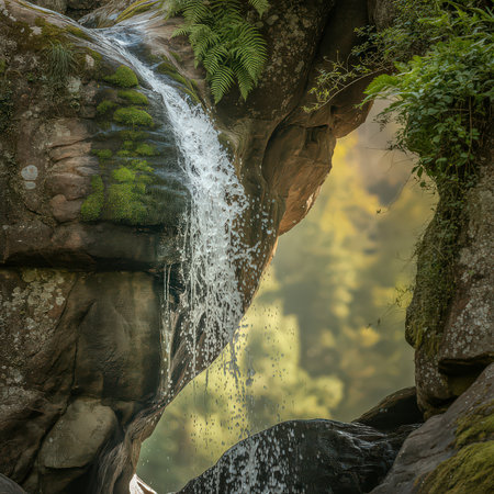 A small waterfall tumbles over moss-covered rocks in a lush, green forest setting with blurred...の写真素材