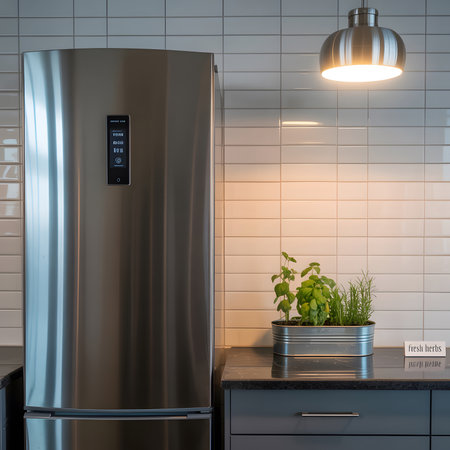 Stainless steel refrigerator and fresh herbs in a modern kitchen with tiled backsplashの写真素材