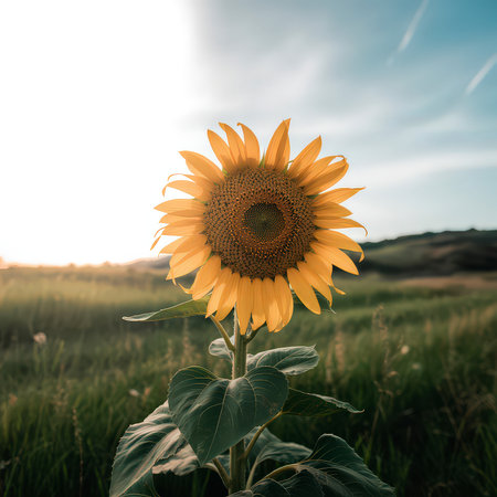 A single bright yellow sunflower stands tall in a grassy field during sunset. Clear details and v...の写真素材