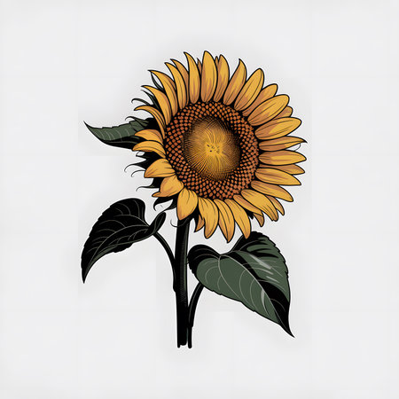 A stylized illustration of a single yellow sunflower with dark green leaves on a white background.の写真素材