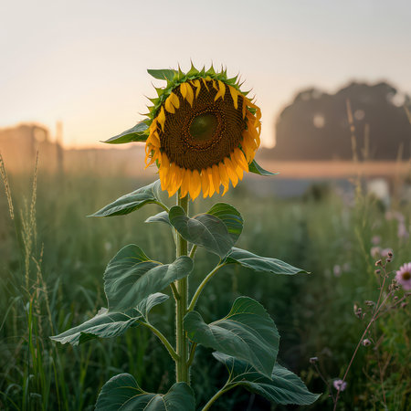 A tall sunflower with bright yellow petals stands in a green field during sunrise. Clear details ...の写真素材