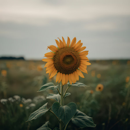 A single sunflower stands in a field under a soft, overcast sky. Clear details and vibrant colors...の写真素材