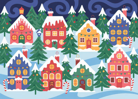 Colorful gingerbread houses covered in snow and decorated with festive Christmas lights and...の写真素材