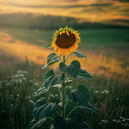 A single sunflower stands tall in a field during a soft golden sunset Clear details and vibrant c...の写真素材