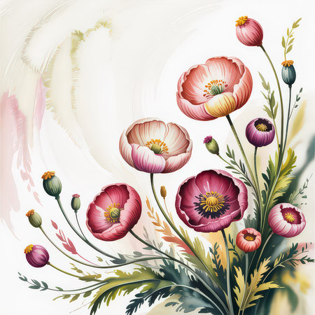A watercolor painting of several blooming poppies in shades of pink and purple with green foliage.の写真素材