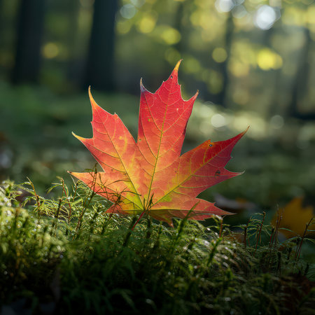 A vibrant red and yellow maple leaf rests on green moss in a sunlit forest. Clear details and vib...の写真素材