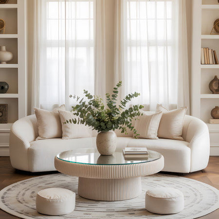 White showing white boucle sofa with eucalyptus in bright living room keywords: sofa, couch,...の写真素材