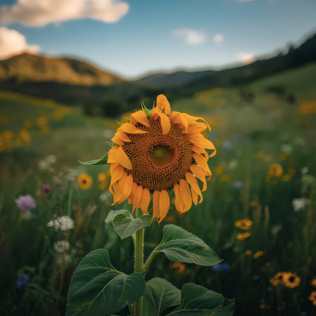 A single sunflower stands tall in a vibrant field of wildflowers with rolling hills behind it.の写真素材