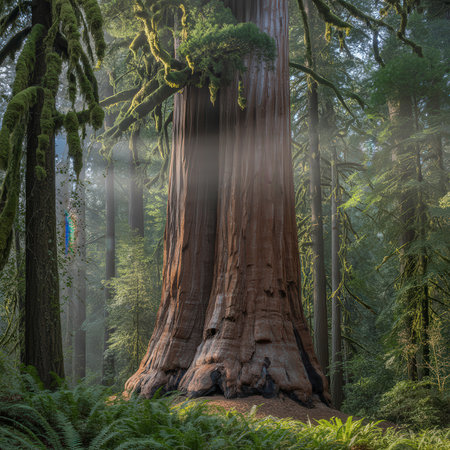 The massive trunk of a giant sequoia tree stands in a misty redwood forest with sun rays.の写真素材