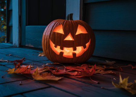 A carved pumpkin glows on a dark wooden porch, surrounded by fallen autumn leaves. High quality i...の写真素材