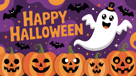 A smiling ghost floats above a row of carved pumpkins with bats on a purple background.の写真素材