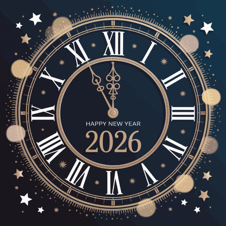 Vector keywords: featuring happy new year 2026 clock face with roman numerals and festive stars...