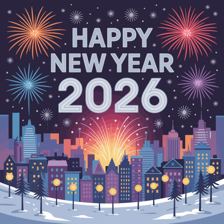 Happy New Year 2026 text above a snowy cityscape with fireworks and festive lights.
