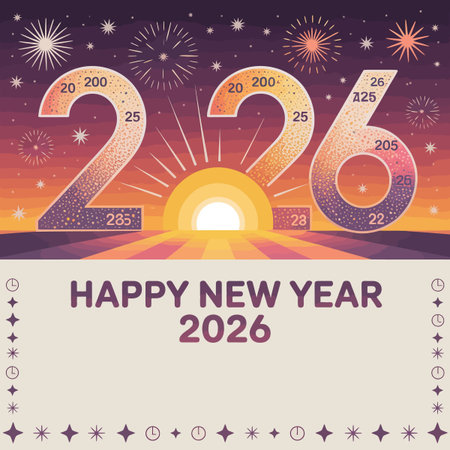 Happy New Year 2026 design featuring a sunrise with abstract numbers and fireworks.