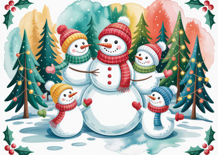 A happy snowman family gathered in a winter forest decorated with Christmas lights and hollyの写真素材