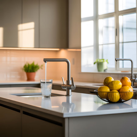 A kitchen counter shows a faucet filling a glass of water, with a bowl of lemons and oranges nearby.の写真素材
