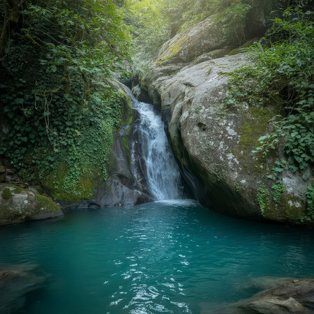 A vibrant jungle waterfall cascades into a serene turquoise pool surrounded by lush greenery.