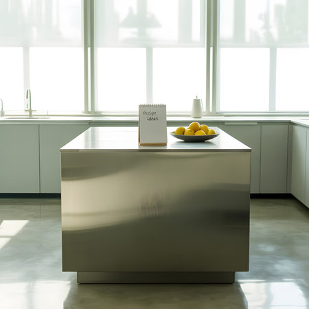 A minimalist kitchen island with lemons and a notebook for recipe ideas. Clear details and vibran...の写真素材