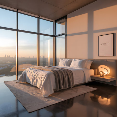 A modern bedroom with a panoramic city view at sunrise and a minimalist lamp. Clear details and v...の写真素材