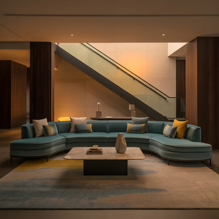 A modern curved teal sofa with pillows sits in a stylish living room with a marble coffee table.