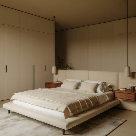A minimalist bedroom with a beige platform bed, wooden nightstands, and pendant lights.の写真素材