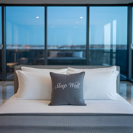 Modern bedroom with a pillow on a bed with white bedding and a city view.の写真素材