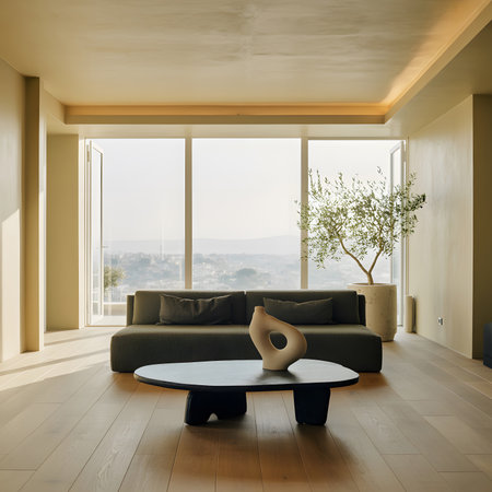 Modern showing modern living room with dark sofa and abstract coffee table keywords: living...の写真素材