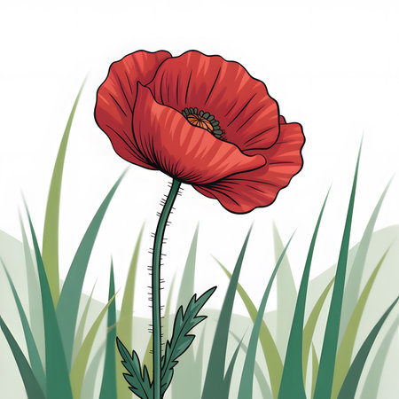 Poppy showing red poppy flower illustration with green grass. High resolution image suitable for...の写真素材