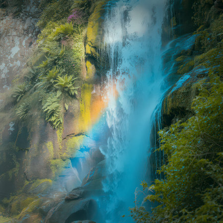 A powerful waterfall cascades down moss-covered rocks, with lush greenery and a rainbow...の写真素材