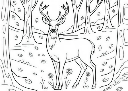 An outline illustration of a deer with large antlers stands in a forest clearing surrounded by...の写真素材