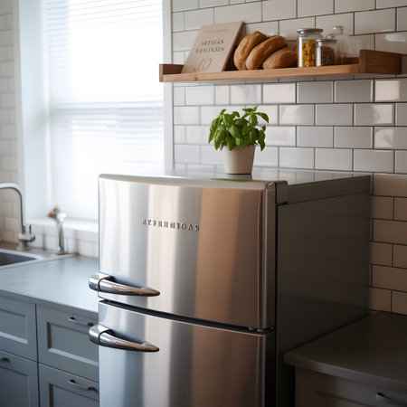 Shelf. showing retro refrigerator in a modern kitchen with subway tile backsplashの写真素材