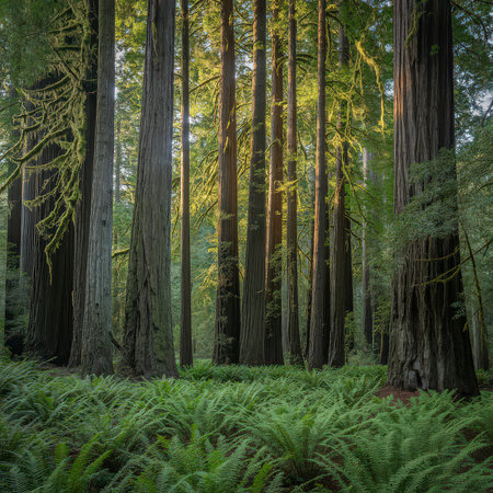 Tall redwood trees with ferns on the forest floor, illuminated by sunbeams filtering through the...の写真素材