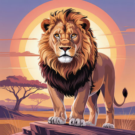A male lion stands on a rock in the savanna at sunset with an acacia tree in the background.の写真素材