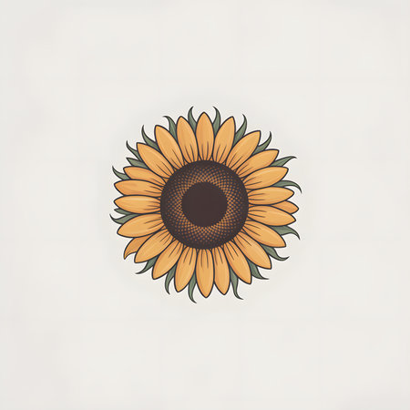A stylized illustration of a sunflower with yellow petals and a brown center on white.の写真素材