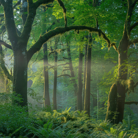 Sunbeams filter through a dense forest canopy onto moss-covered trees and lush ferns.