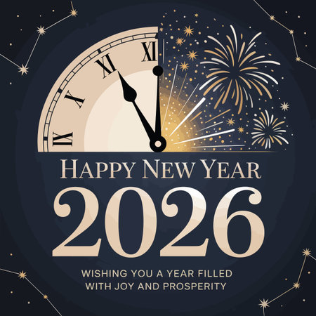 A clock face shows midnight approaching with fireworks and constellations in the background.
