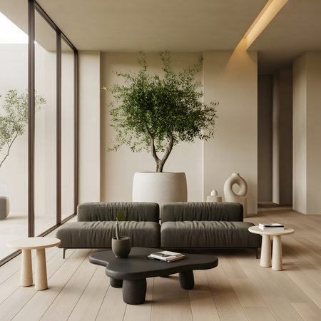 A minimalist living room with a dark sofa, large potted olive tree, and light wood flooring.