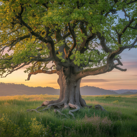 A large, ancient oak tree with spreading branches stands in a grassy field at sunset.の写真素材
