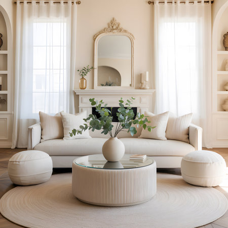 A bright living room with a cream sofa, a round coffee table, and an ornate mirror.の写真素材