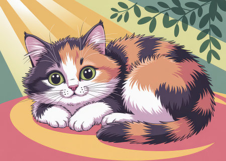 An adorable calico kitten with large green eyes lies on a colorful patterned surface, looking...の写真素材