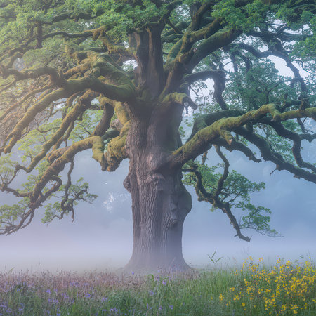 An ancient, moss-covered oak tree stands majestically in a misty, ethereal morning landscape.の写真素材