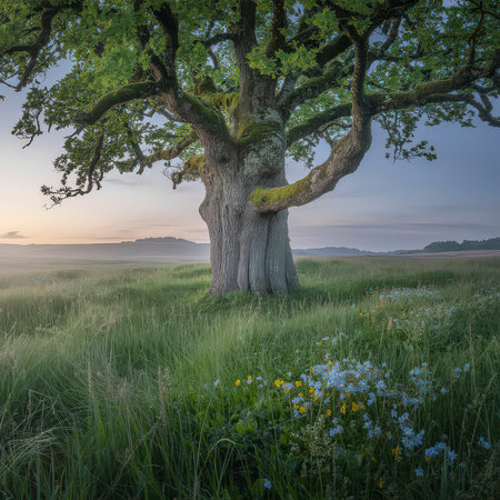 An ancient oak tree stands in a misty field at sunrise, with wildflowers in the foreground.の写真素材