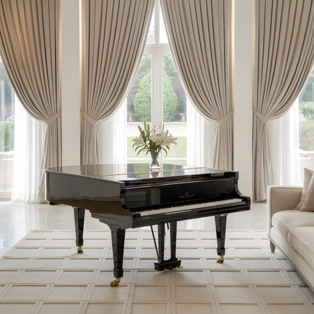A black grand piano sits in a luxurious room with draped curtains and large windows.の写真素材