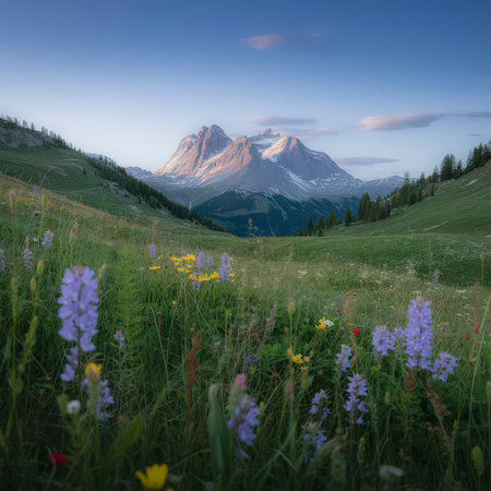 An alpine meadow filled with purple and yellow wildflowers leads to majestic mountains under a...の写真素材