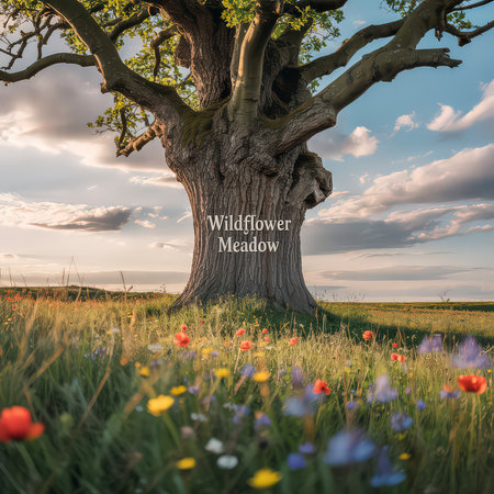 Ancient gnarled oak tree in a wildflower meadow with dramatic sunset clouds Clear details and vib...の写真素材