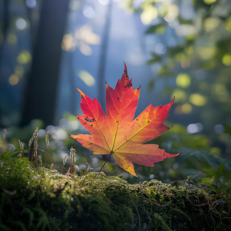 A vibrant red and yellow maple leaf rests on mossy ground, illuminated by soft forest sunlight.