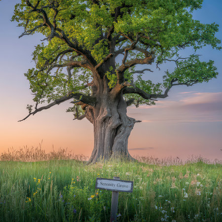 A majestic ancient oak tree stands in a grassy field with wildflowers under a soft sunset sky.の写真素材