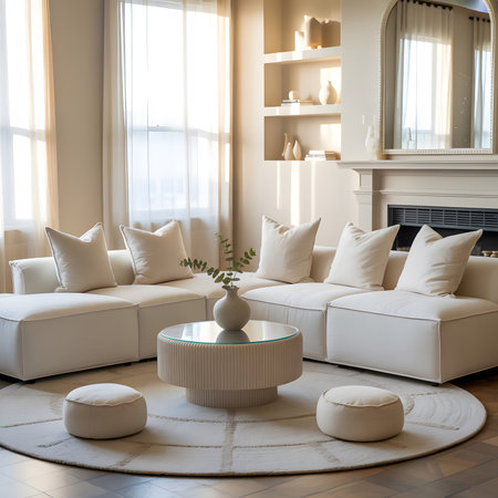 A light-filled living room with a white sectional sofa, a glass-topped coffee table, and...の写真素材