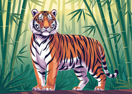 A majestic Bengal tiger stands in a dense bamboo forest, its orange and black stripes...の写真素材